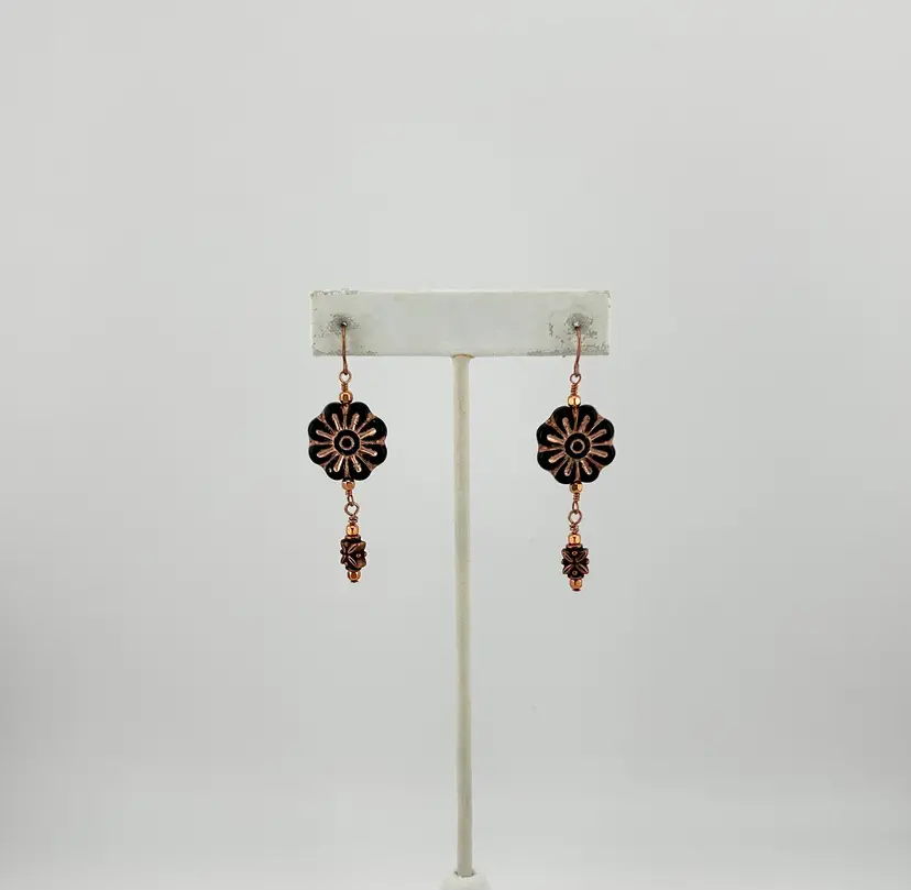 Black and Copper Tone Czech Glass Beaded Pierced Earrings 2.25”