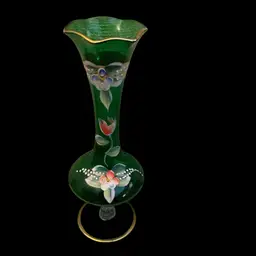 Bohemian Clear To Green Glass Vase W/Enamel Flowers & Gold Trim 2 3/4 X 8 Inches