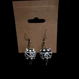 Beautiful Black & White Lampwork Glass Bead Pierced Dangle Hook Earrings.  Not signed. The Artwork On These Earrings Are Beautiful!!!