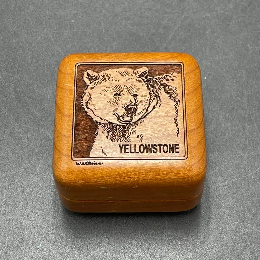 Laser Cut Wooden Yellowstone Grizzley Bear Trinket Box Signed Vintage Souviener