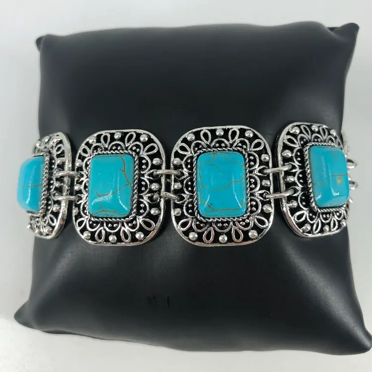 Silver-Tone Faux Turquoise Toggle Six Panel Southwestern Style Bracelet