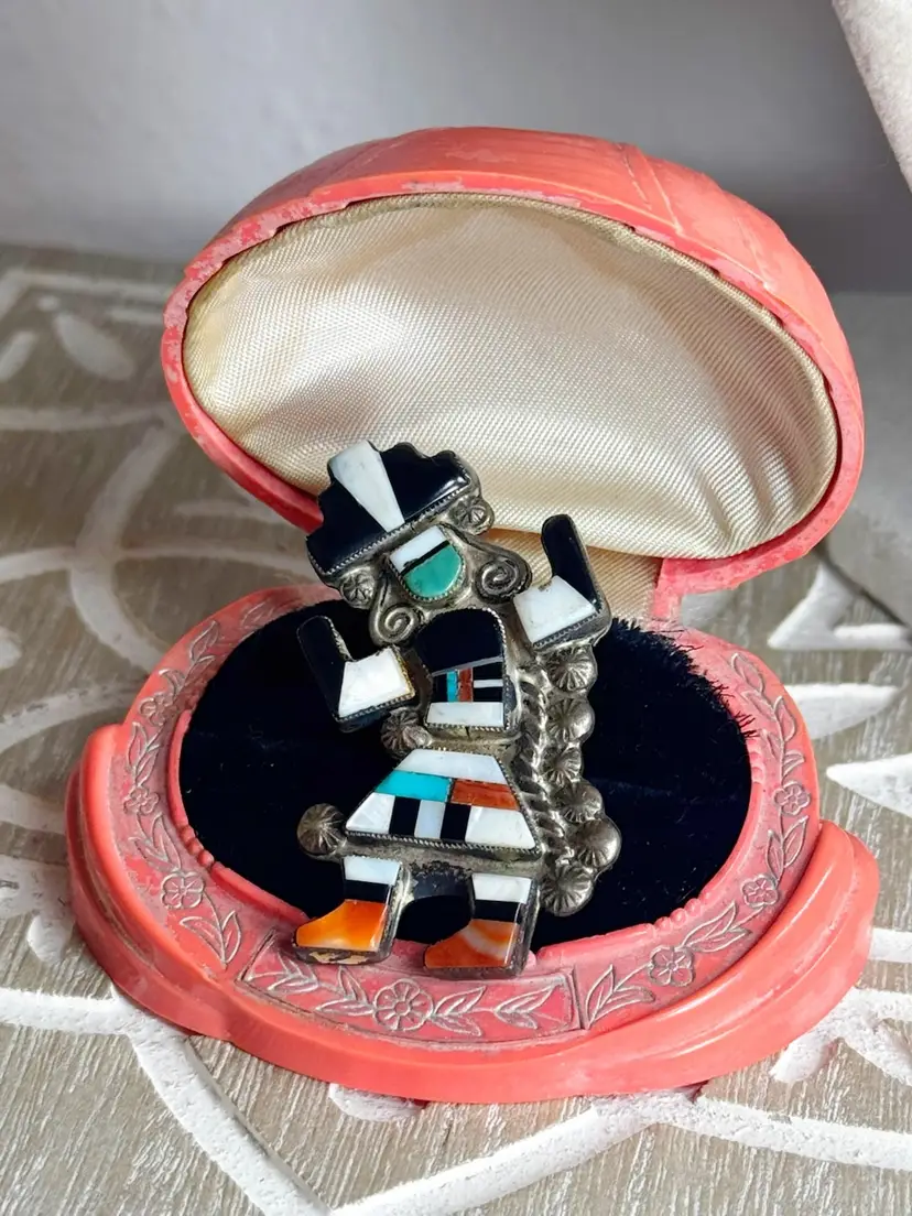 Vintage Zuni Sterling Silver Multi-Stone Inlay Rainbow Man Brooch