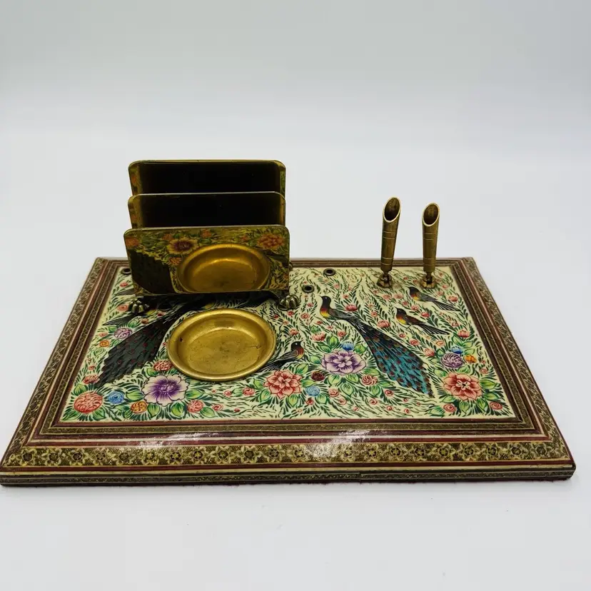 Mid 20th Century Mosaic Middle Eastern Moorish Pen & Letter Holder Desk Set