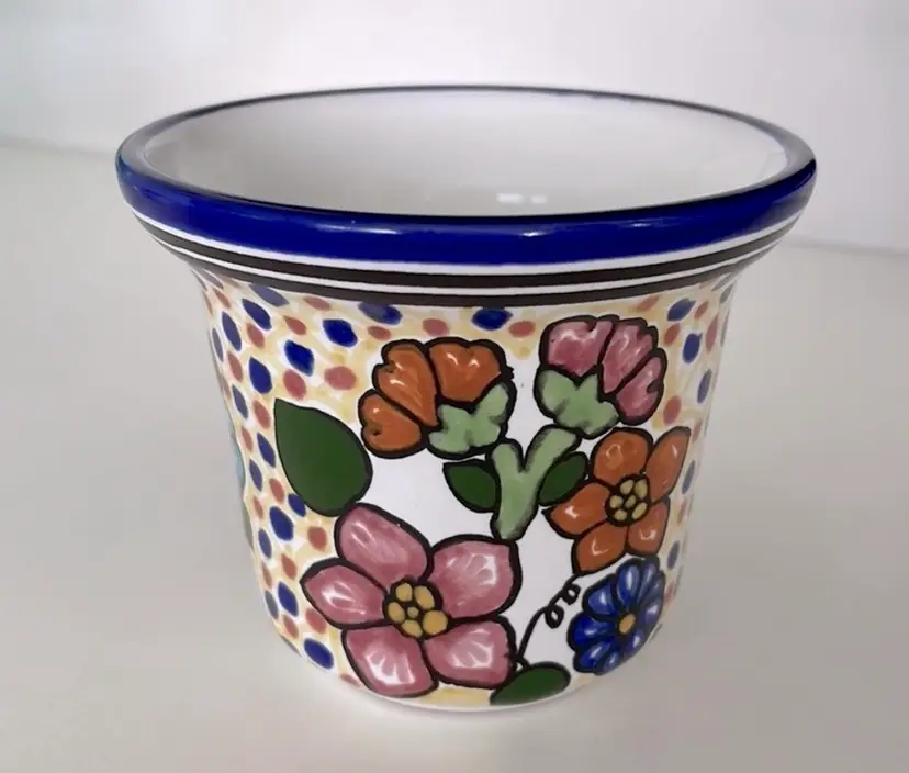 Hand painted Mini Mexican Pottery Planter/Flower Pot, multicolored, 3” tall