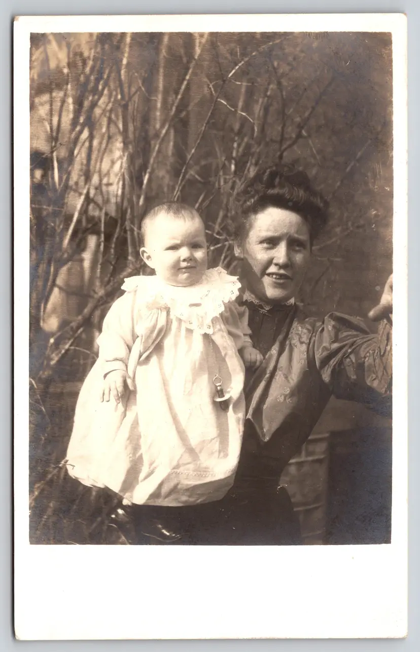 Postcard RPPC Mother and Baby with Binky Pacifier Outside in the Sticks Real Photo - 9380