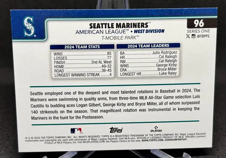 Seattle Mariners 2025 Topps Series 1 Team Card - Diamanté Foil