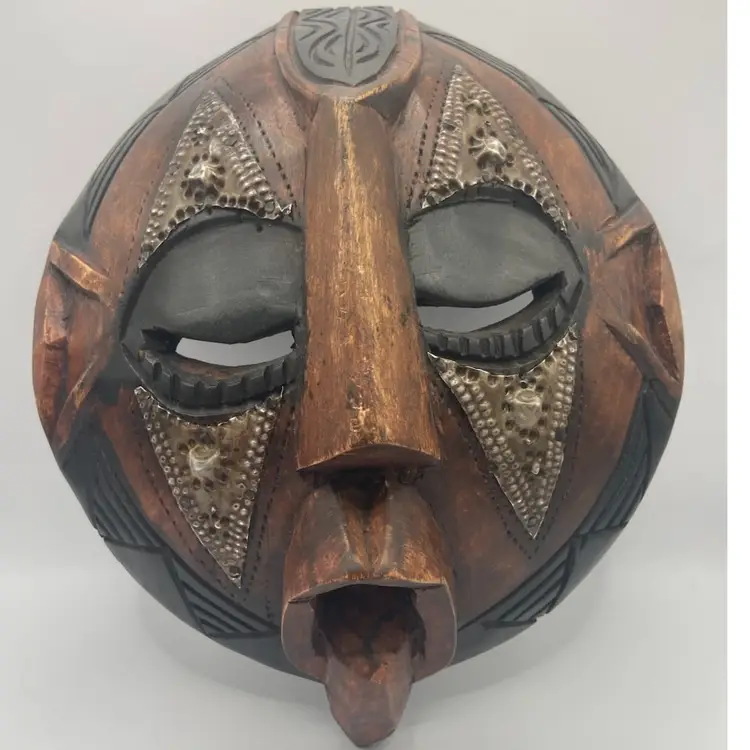 Hand carved Wooden West African Tribal Ceremonial Spiritual Mask With Metal Accents 11”x 9”
