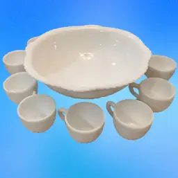 Vintage 1940's McKee Concord Milk Glass Punch Bowl W/ 9 Cups