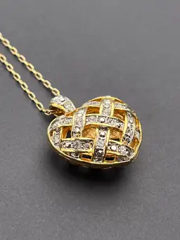 Rhinestone Gold Open Weave Puff Heart Pendant Necklace 22"