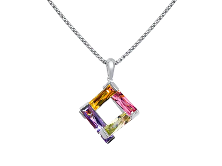 Pastel Rainbow Geometric Pendant Necklace Silver Tone Square Modern Jewelry