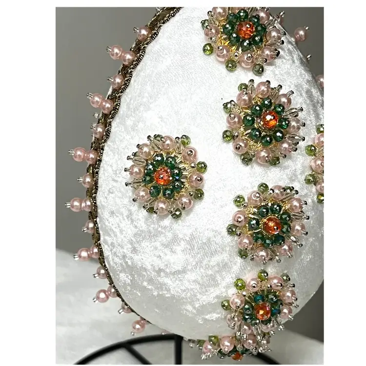 Handmade Vintage Style Push Pin Easter Egg Ornament Pearls Sequins Beads Ribbon 6 in Height