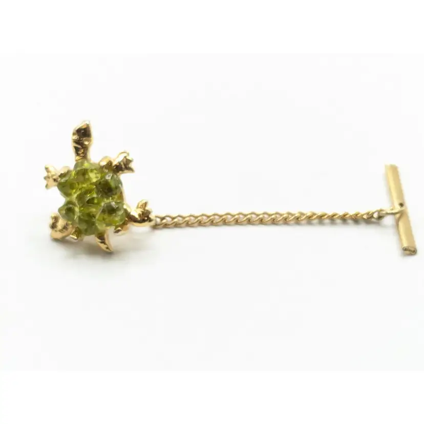 Vintage Gold Tone Turtle Tie Tack with Green Gemstones