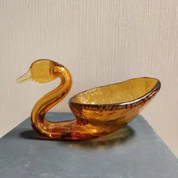 Vintage Swan Candy Dish Amber Art Glass MCM Trinket Dish