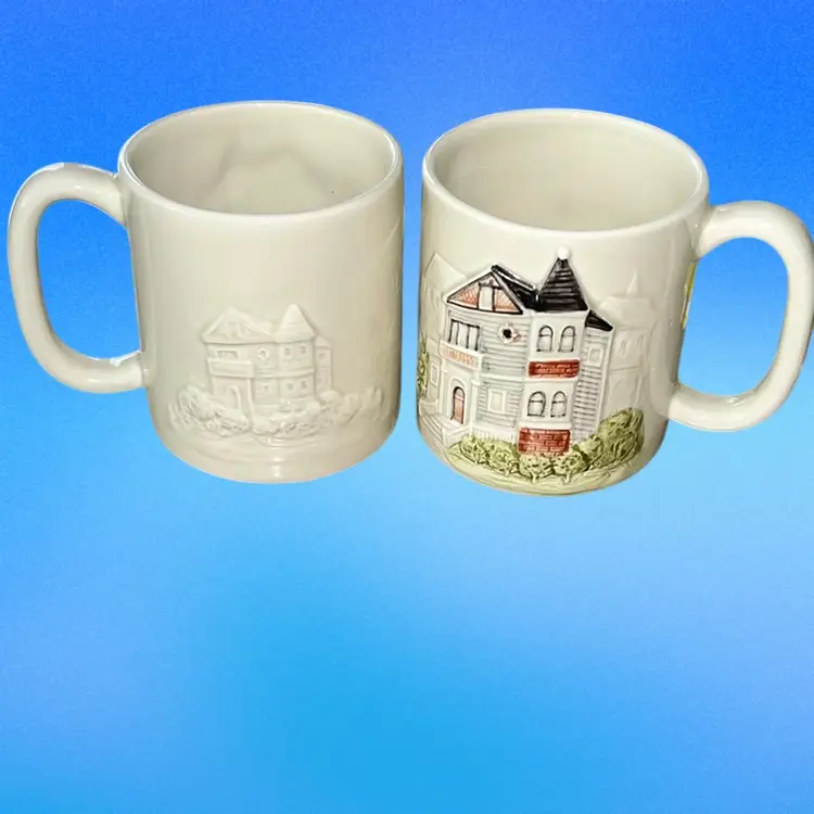 SET OF 2-Otagiri Mugs Cottage House 3D Hand Painted, 1981. Realtor, Coffee, Tea