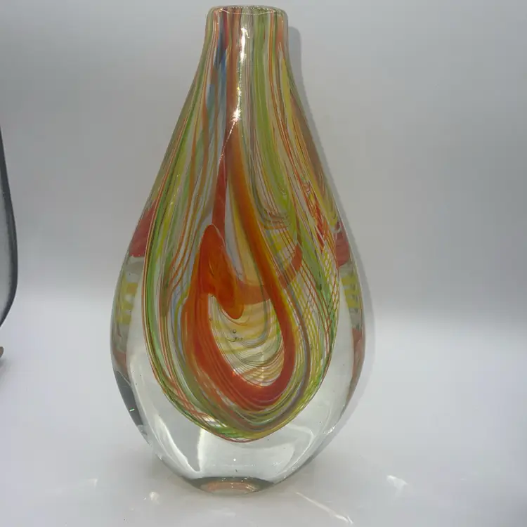 Art glass  Multicolor Rainbow Swirl Teardrop Glass 9.5” Heavy