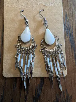 Silver Tone Boho Tribal Dangle Earrings NEW White Stone