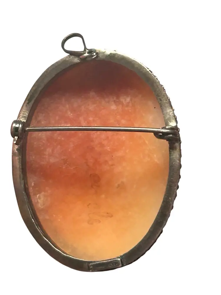 Vintage Carved Shell Cameo Brooch Pendant in Sterling Silver — Woman with Flowers, Signed, 925 Frame