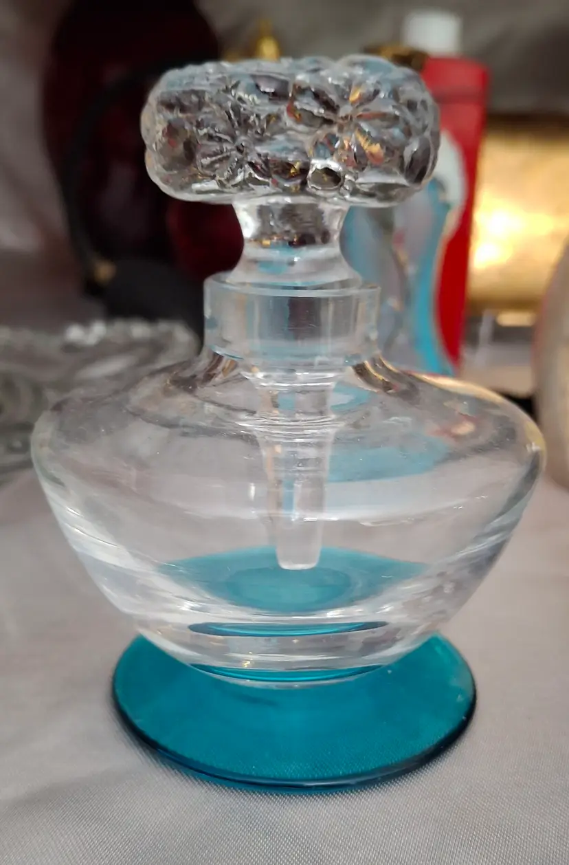 203 Art Deco Czech Glass Perfume Bottle β Blue Foot β Floral Stopper β c. 1930s