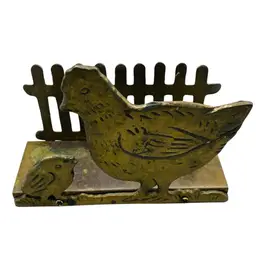 Vintage Brass Chickens Picket Fence Napkin Holder Country CottageCore Granny Patina