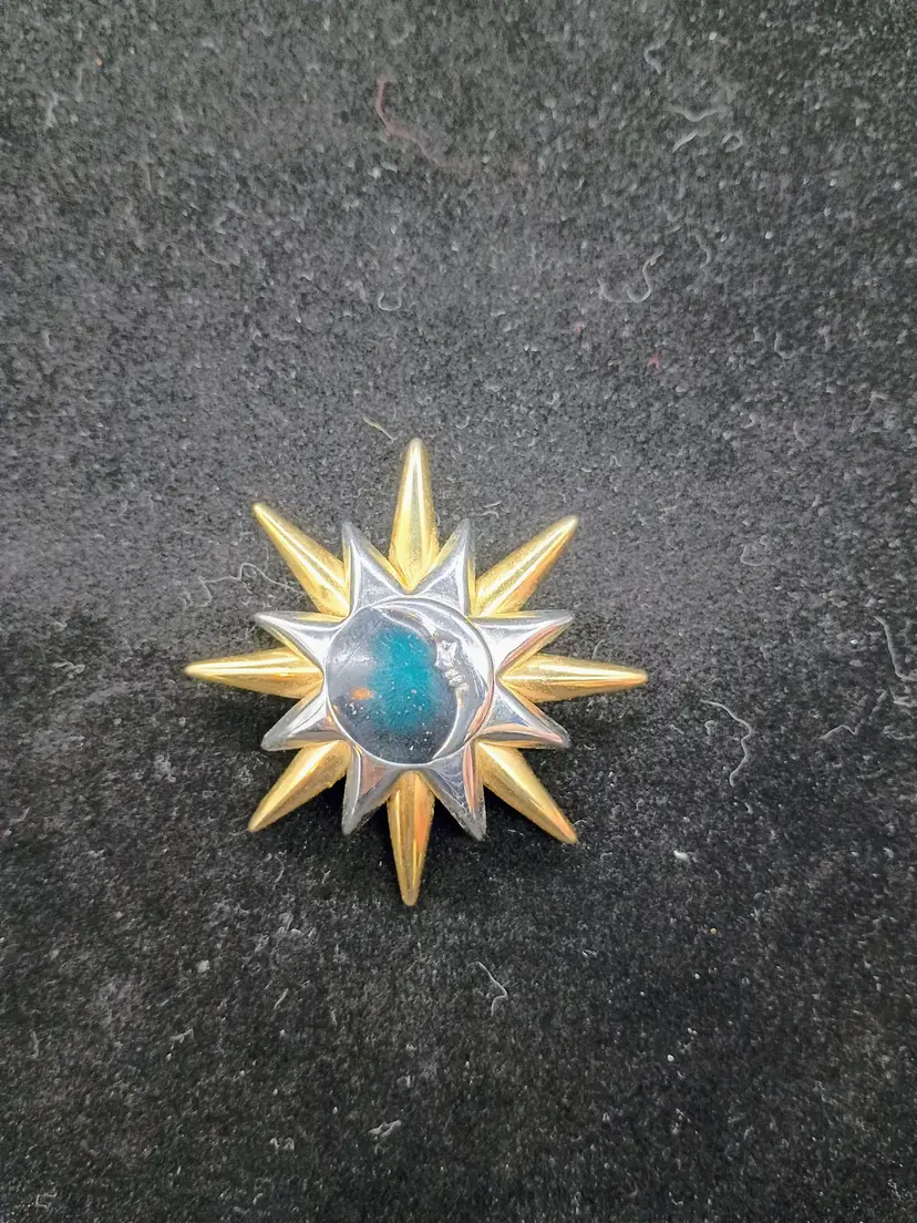 Liz Claiborne Sun Moon Celestial Brooch Pin Gold Tone Silver Tone Blue Enamel