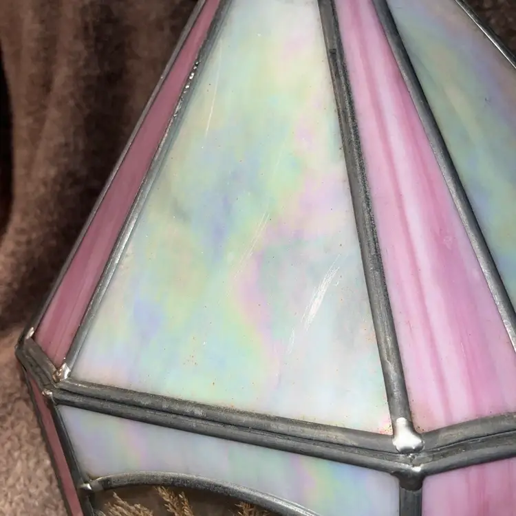 Vintage Pink & Iridescent White Stained Slag Glass Swag Lamp Shade Dried Flowers