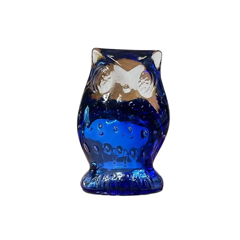 01. Vintage Lefton Cobalt Blue Glass Owl Figurine Paperweight Controlled Bubbles 3"