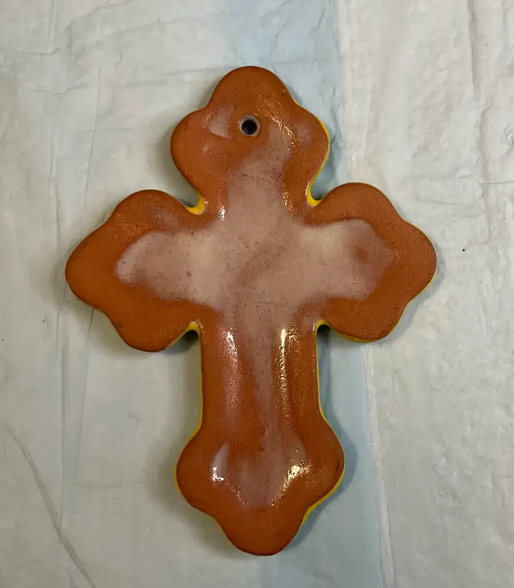 Mexican red clay cross, multicolored, 6” tall, 4 1/2” across, pretty scalloped edges