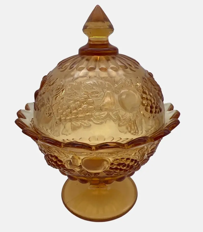 Vintage Westmoreland Amber Glass Candy Dish with Lid Fruit & Leaves Pattern 7"
