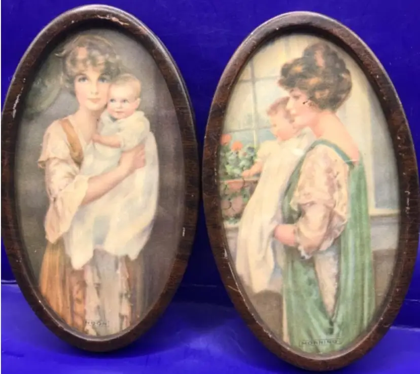 Vintage Oval Print Mother & Child Noon & Morning in Tin Frames