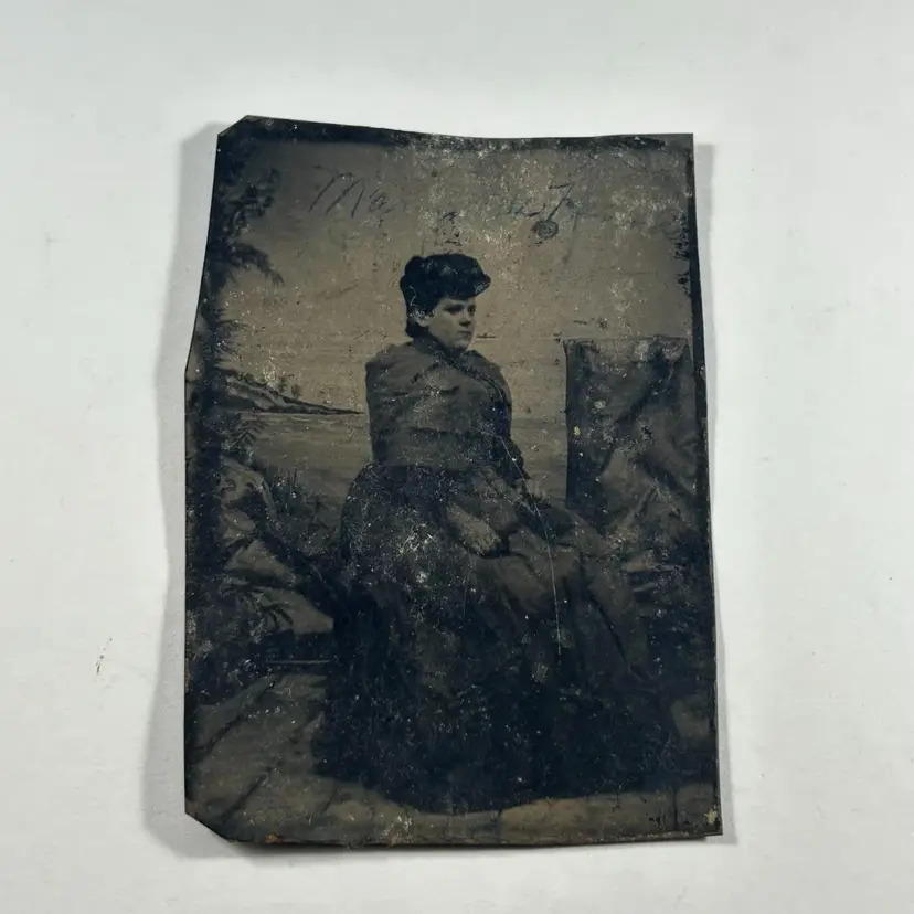 Tintype Larger Woman in Black Dress Sitting Identified - Name on Front