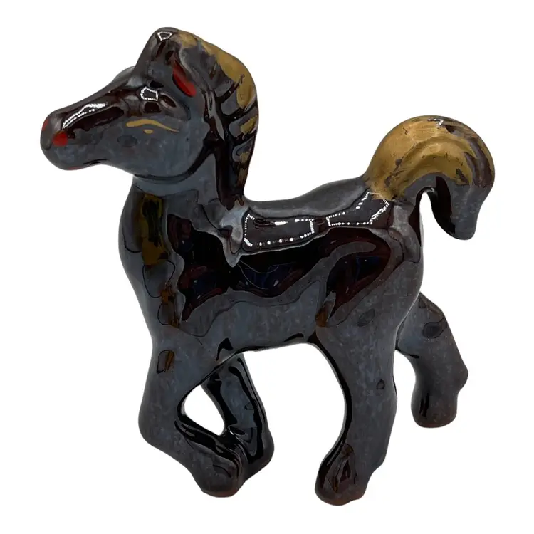 Vintage Red Ware Ceramic Brown with Gold Mane and Tail Horse Pony Figurine
