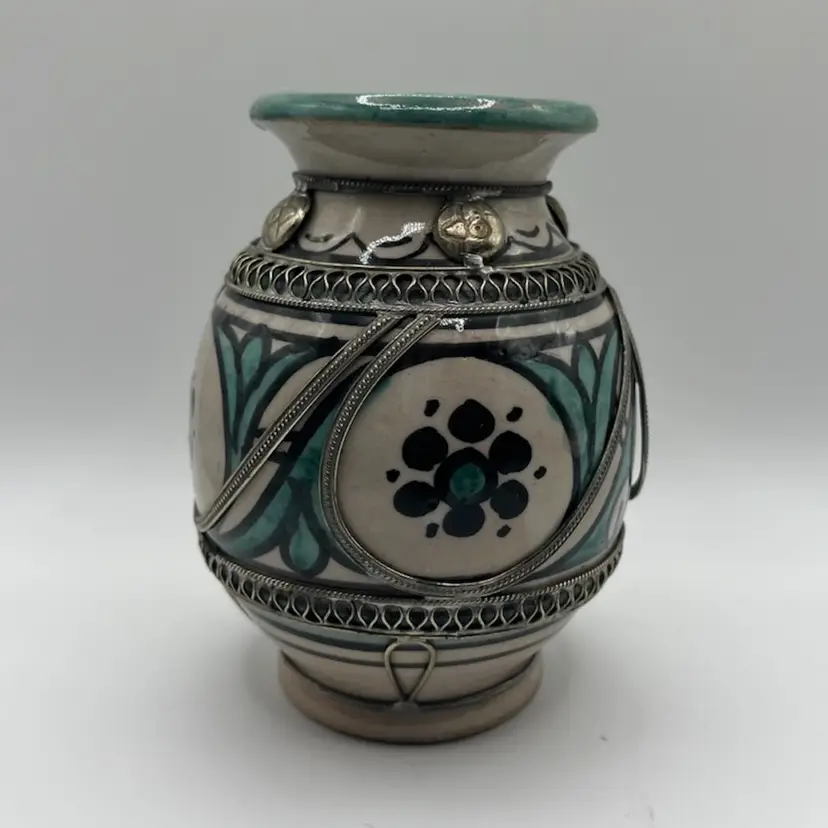 Vintage Moroccan Hand Wrapped Silver Filigree Vase Ceramic Hand Painted - 4” H