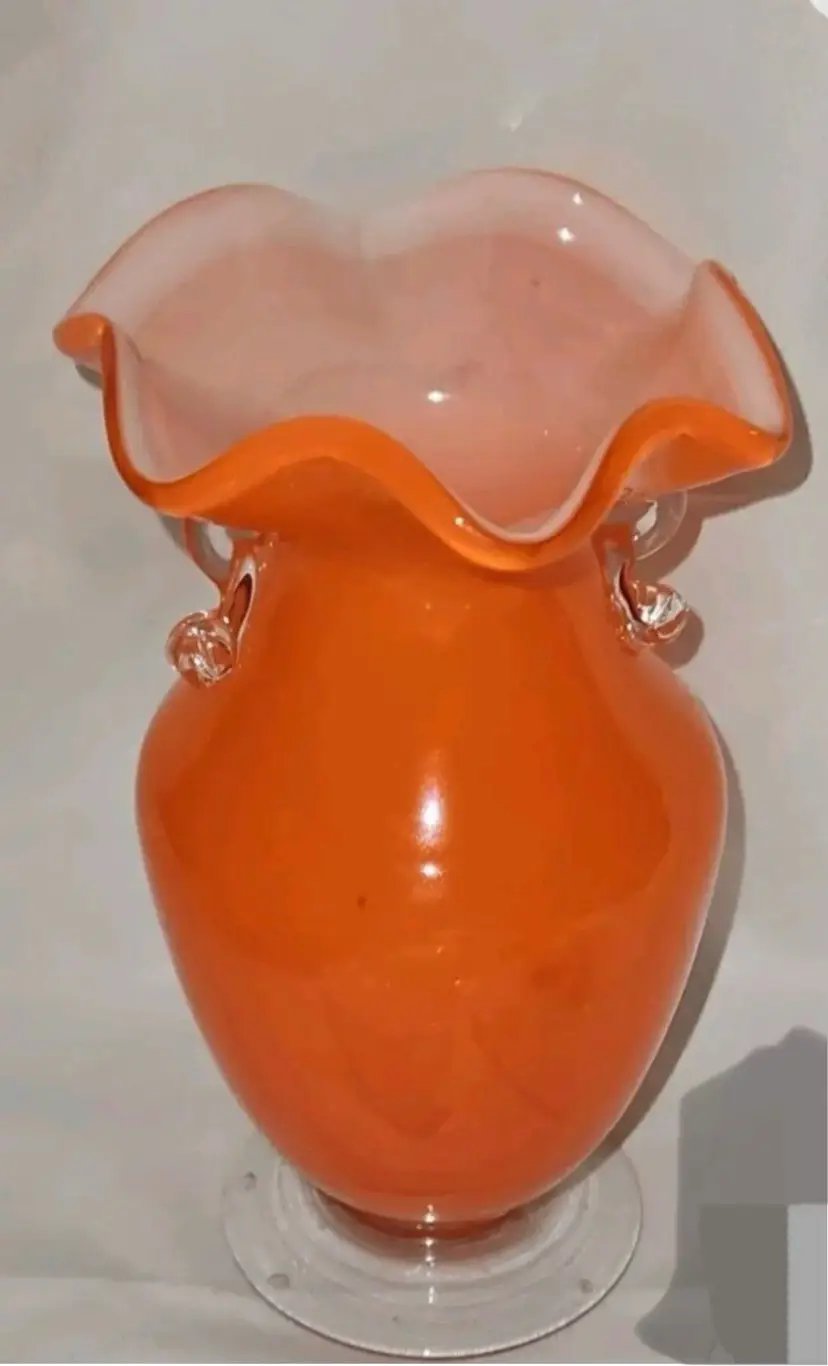 Vintage Bright Orange Handblown Art Glass Cased Bud Vase Applied Double Handle