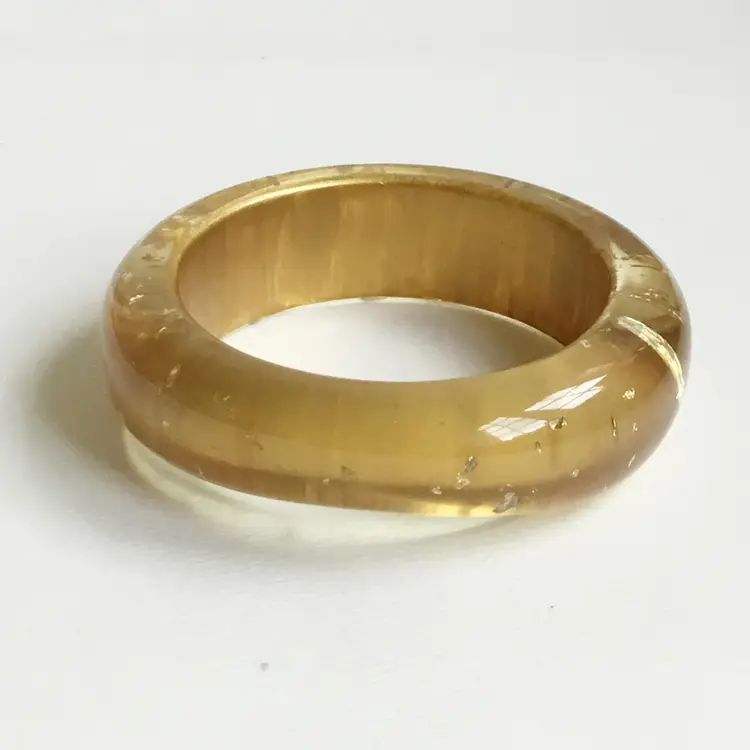 Vintage Clear Lucite Gold Tone Flecks Confetti Asymmetrical Chunky Wavy Bangle