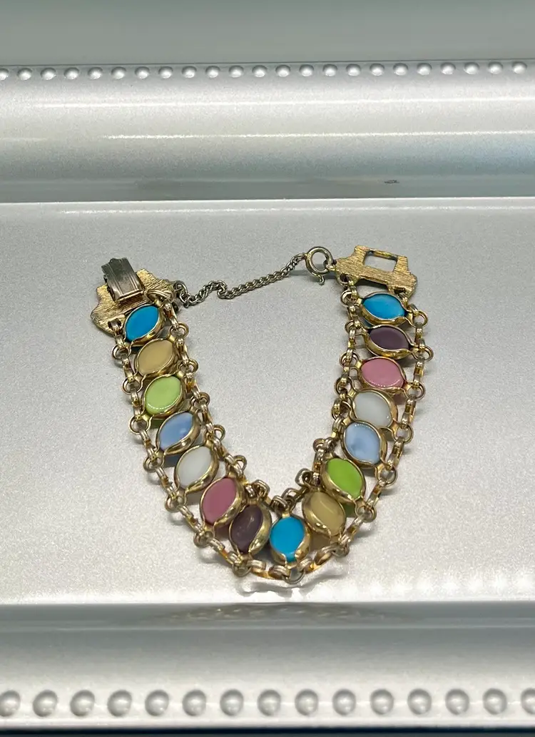 Vintage 1960’s Satin Glass Multi Color Cabochon Stone Gold Tone Bracelet.