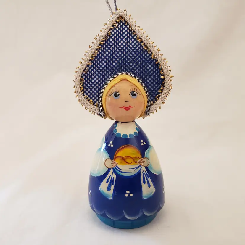 Russian Ornament Hand Painted with Kokoshnik & Braid Christmas Ornament Vintage Blue
