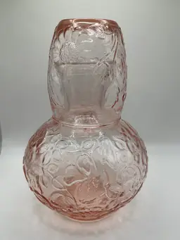 Pink Floral Tumble Up Depression Glass Carafe and Tumbler Bedside Water Set