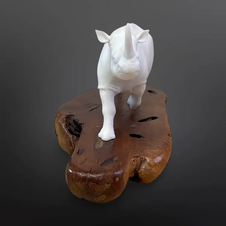John Perry Studio White Rhino Statue - Resin On Burlwood Base 9” Long