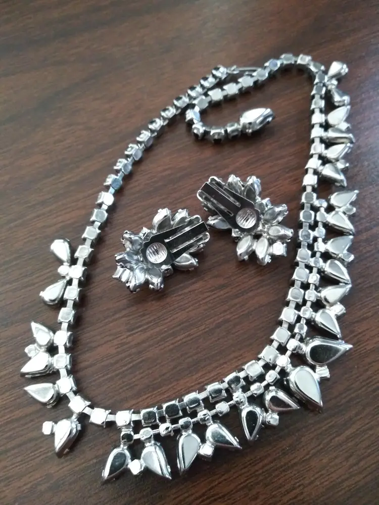 Vintage MCM 50s 60s Silver Tone Choker and Clip Earrings Black and Clear Pronged Rhinestones