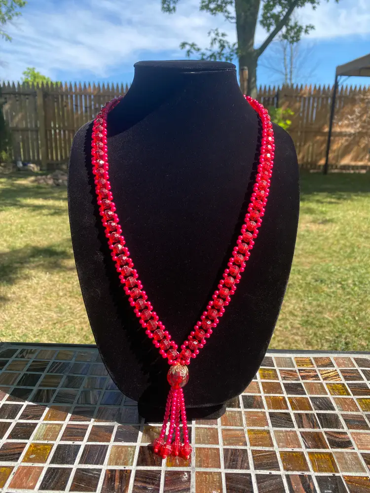 Vintage Red and Magenta Beads w/ Multi Bead Tassel  29"
