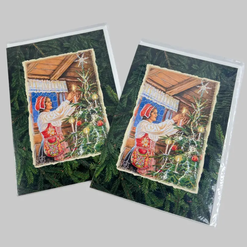 Scandinavian Curt Nystrom Scratch-n-Sniff Pine Christmas Tree Cards. Two Original Sealed Plastic w Envelopes.