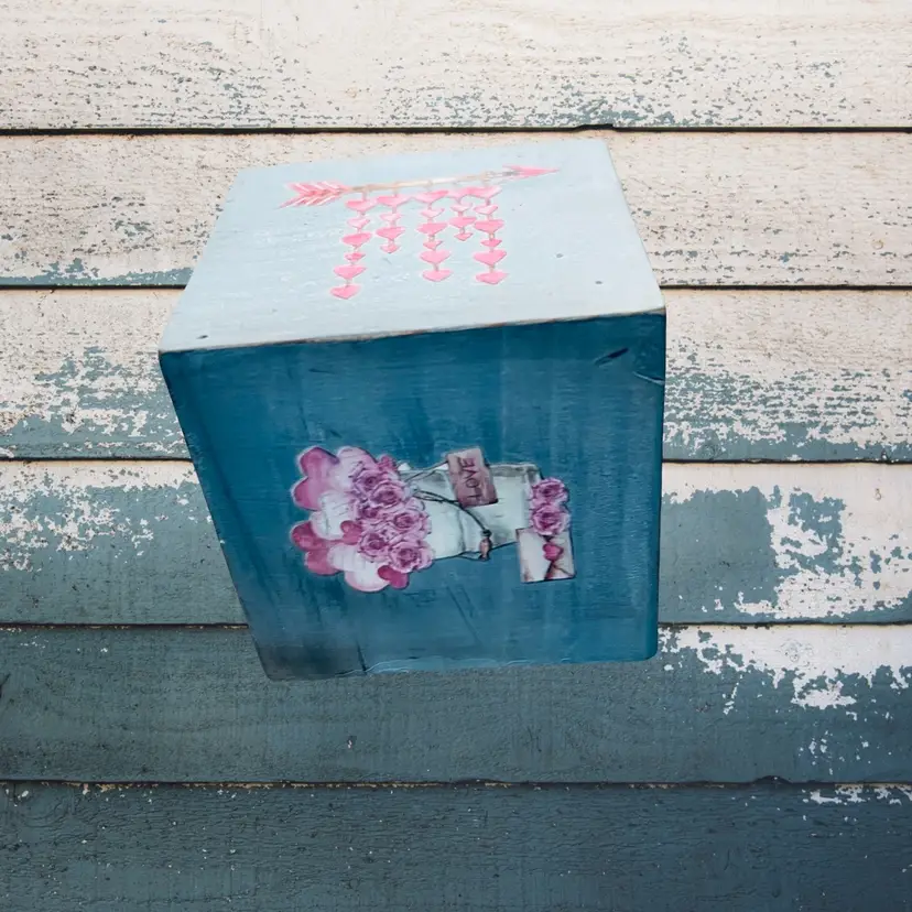 Upcycled Hand Painted Wood Block Valentine Distressed Blue Deer Birds Hearts Love Decor Riser Boho Cottagecore Made By Me