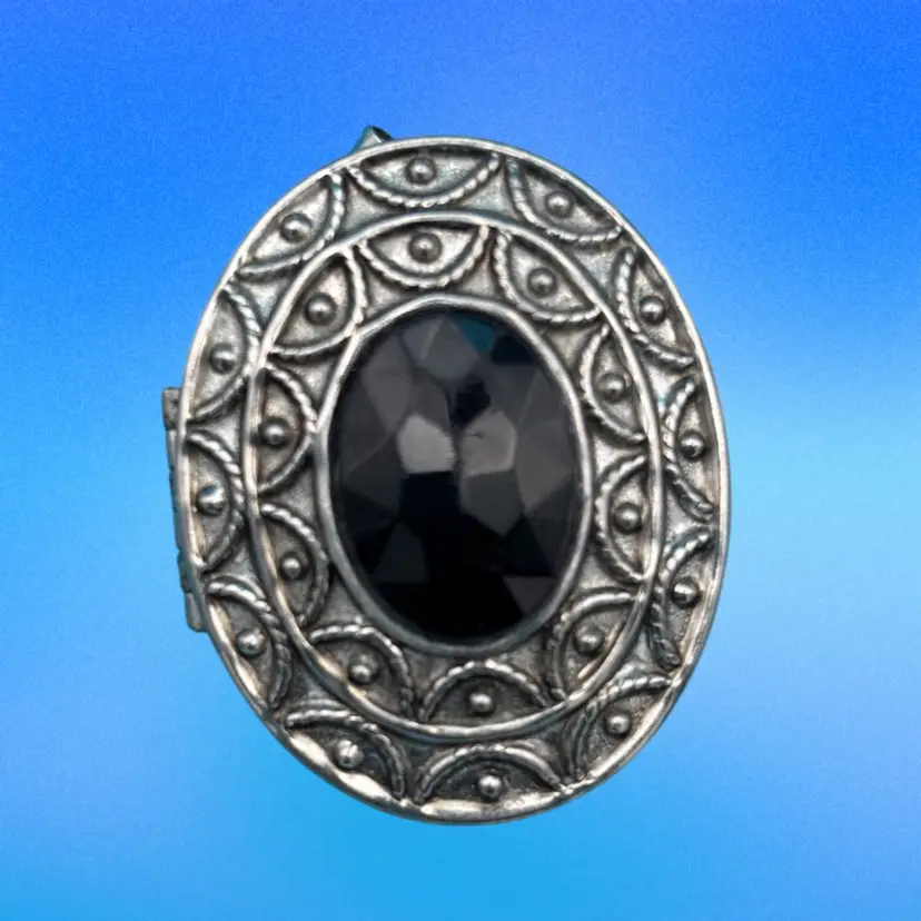 Vintage Avon Silver-Tone Locket Brooch Pendant with Black Faceted Stone, Oval Keepsake Jewelry Or Solid Cologne