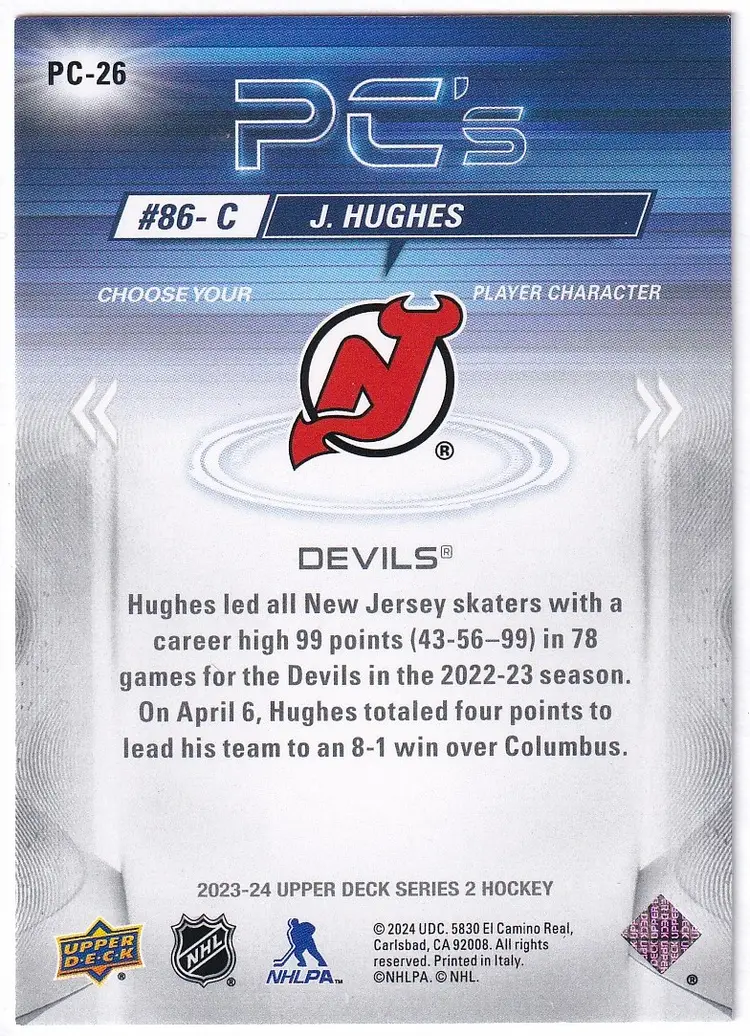 2023-24 Upper Deck PC's #PC26 Jack Hughes New Jersey Devils Hockey Card