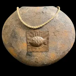 #01 SEE PICS!!  Pottery Free Standing Vase-Decorative Accent. Maybe Made of Clay? Has Textured, Rustic Finish & Appears Weathered. It is Round, Flattened Shape w/ Rope Handle and a Central Metal Medallion w/ Fish Motif on Both Sides