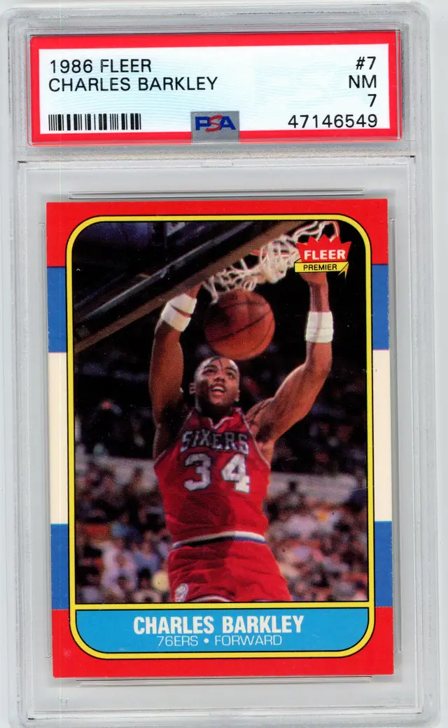 1986 Fleer CHARLES BARKLEY #7 RC Rookie 76ERS PSA 7 NM