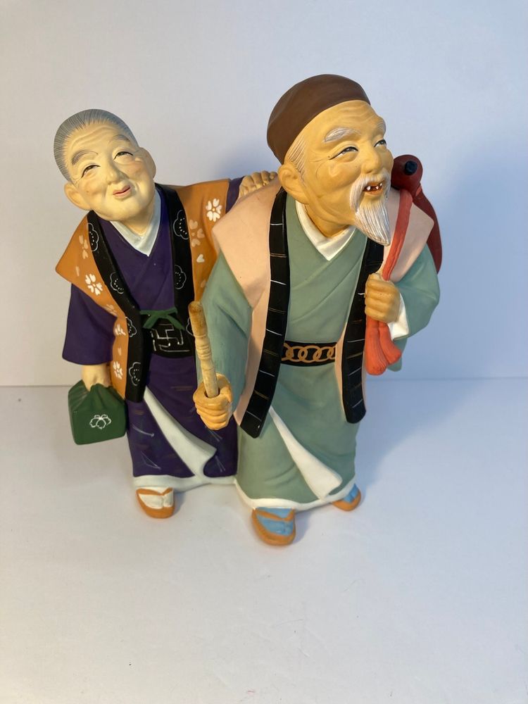 Vintage Hakata Clay Japanese Couple Out Walking Made In Japan