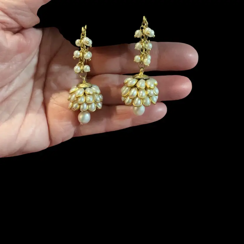 Elegant Goldtone Jhumka Traditional Bell Shape Pierced Hook Earrings. With Faux Pearls & Bottom Bell Chimer Is Real Fresh Water Pearl. Popular Design In South Asia.