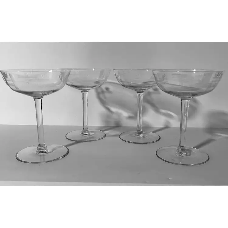 Javit Crystal Champagne Coupe/Tall Sherbet Glasses Etched "Fine Wheat" - Set Of 4
