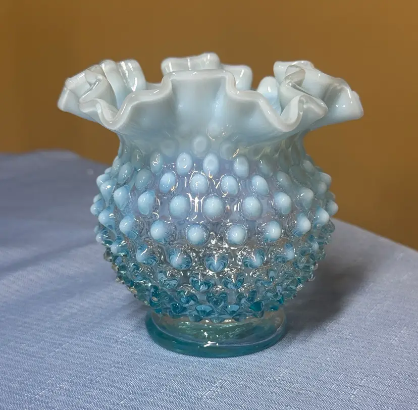 Fenton Blue Opalescent Hobnail Vase Ruffled Edge 4.5 by 4.75 Inch